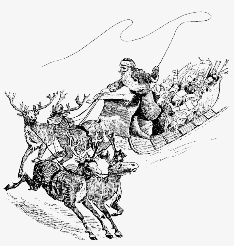 This Is A Christmas Digital Stamp Of Santa, His Sleigh - Black Framed Magnetic Santa And Sleigh Print, transparent png download