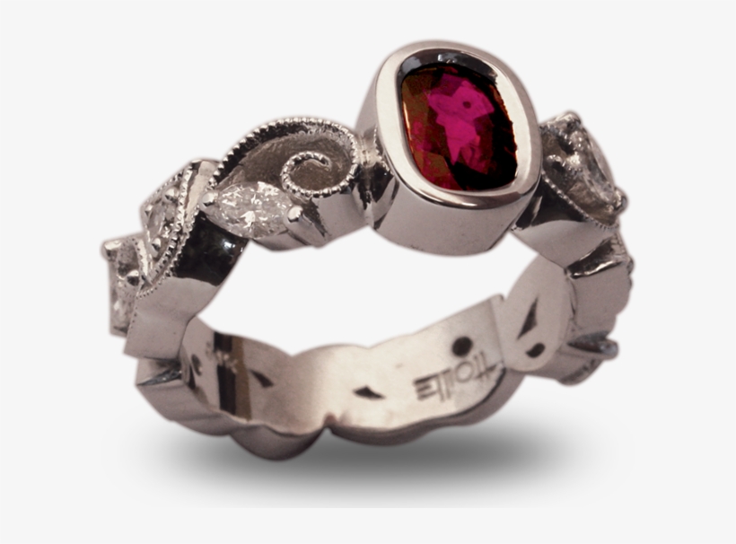 14k White Gold Scroll Shank Ring With Bezel Set Ruby - Ring, transparent png download