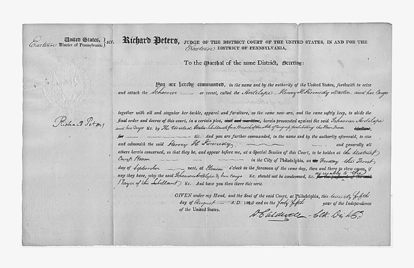 Writ Of Attachment In The Trial Of “the Antelope” - Document, transparent png download