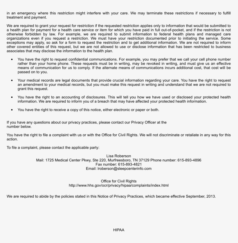 Sleep Centers Of Middle Tennessee Privacy Policy - Document, transparent png download