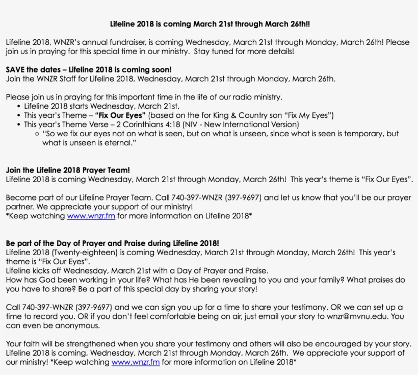 Lifeline 2018 Is Coming March 21st Through March 26th - Document, transparent png download