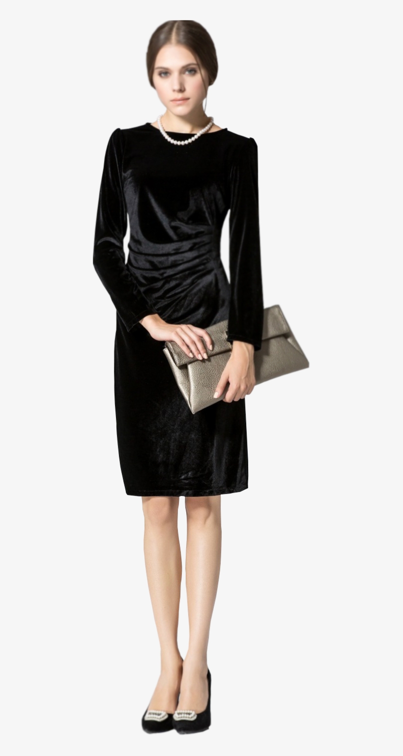 Women Long Sleeved Round Neck Slim Velvet Pleated Winter - Dress, transparent png download