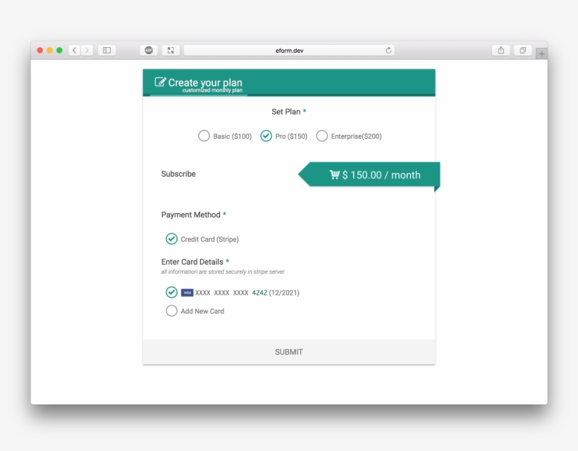 Subscription Payment Form With Eform - Stripe Payment Form, transparent png download