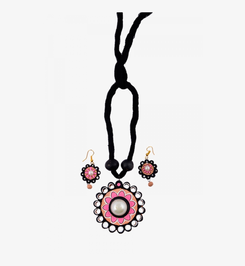 Terracotta Black Necklace With Pink Flower Pattern - Locket, transparent png download