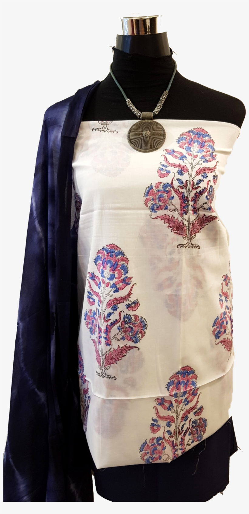 Pink Hand Block Dress Material Blue Dupatta Blue Salwar - Dupatta, transparent png download