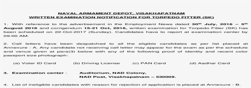 Naval Armament Depot, Visakhapatnam Written Examination - Document, transparent png download