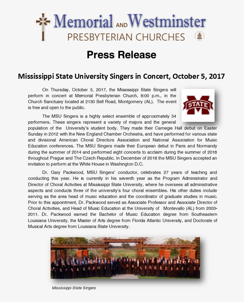 Mississippi State University Singers In Concert - Document, transparent png download