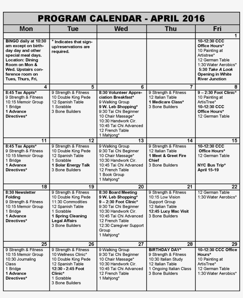 April 2016 Program Calendar - Document, transparent png download