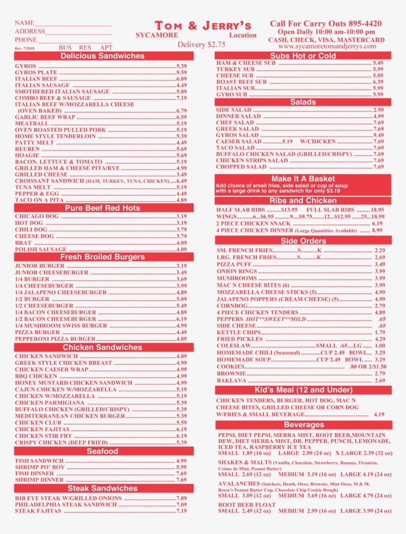 Dine With Tom & Jerry's Restaurant In Sycamore, Il - Document, transparent png download