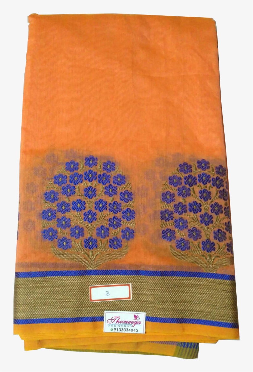 Orange Colored Cotten Silk Saree With Contrast Blue - Leather, transparent png download