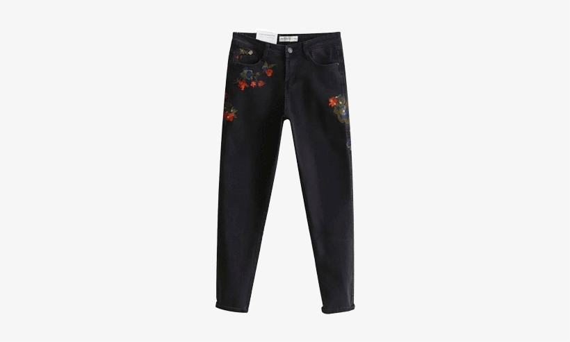 Roses Embroidery Black Skinny Jeans - Trousers, transparent png download