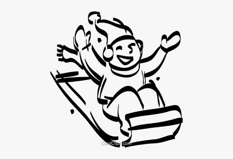 Boy Sitting On A Toboggan - Tobogganing Clipart Black And White, transparent png download