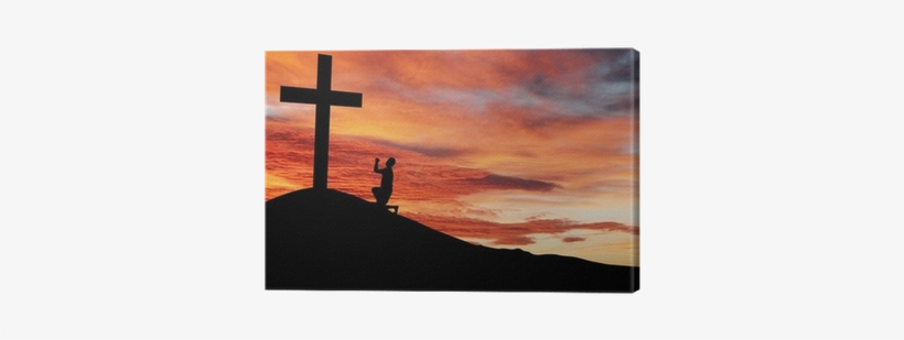 Silhouette Of A Man Praying Under The Cross Canvas - Human, transparent png download
