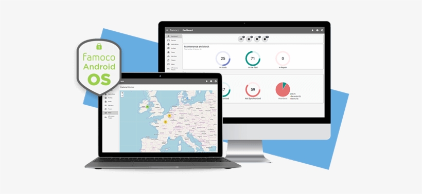 One Laptop & One Big Screen Displaying The Dashboard - Mobile Device Management, transparent png download
