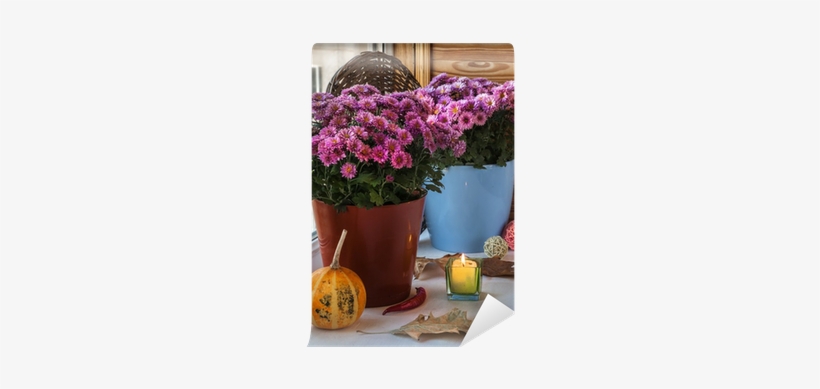 Pumpkin And Chrysanthemum Next To A Lit Candle Before - Candle, transparent png download