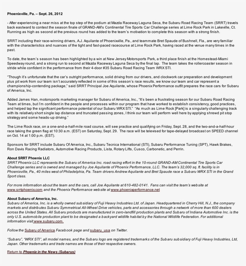 Subaru Team Gears Up For Grand-am Continental Tire - Document, transparent png download