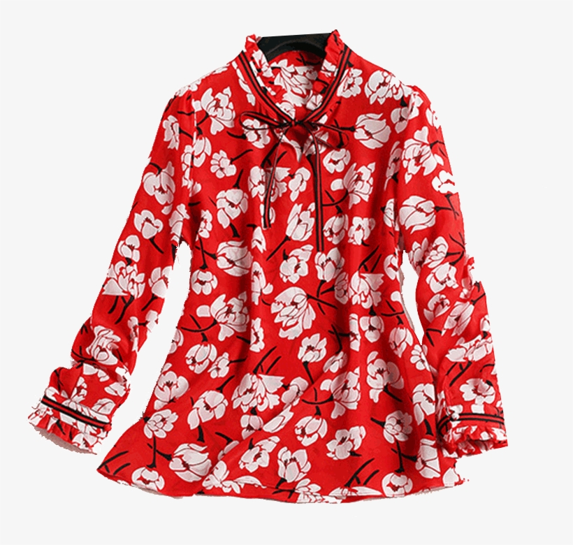 Long Sleeves Floral Coat Printing Blouse New Bow Europe - Chemisier Soie Femme Pas Cher, transparent png download