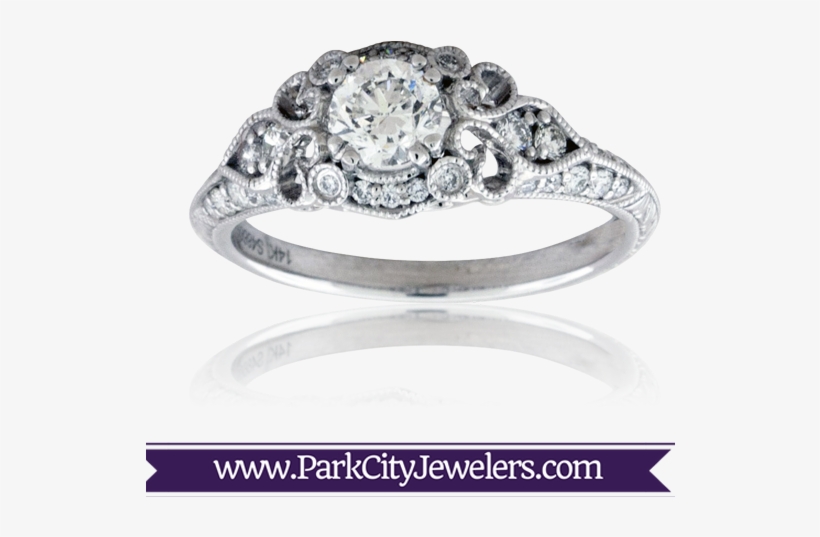 Vintage White Gold Diamond Engagement Ring - Rose Inspired Ring With Diamond Accents, transparent png download