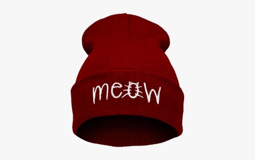 A Wine Red Beanie Which Shows The Word 'meow' - Meow Beanie, transparent png download