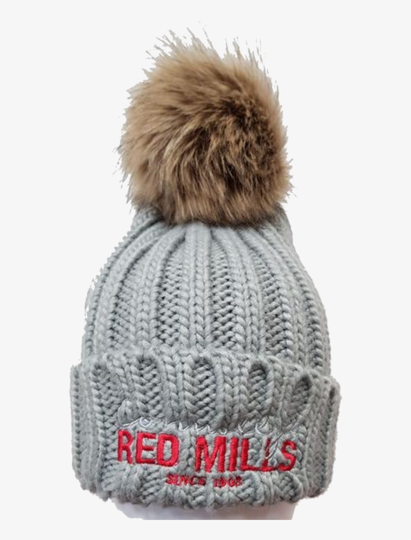 Red Mills Fur Pom Chunky Knit Bobble Hat In Grey - Hat, transparent png download