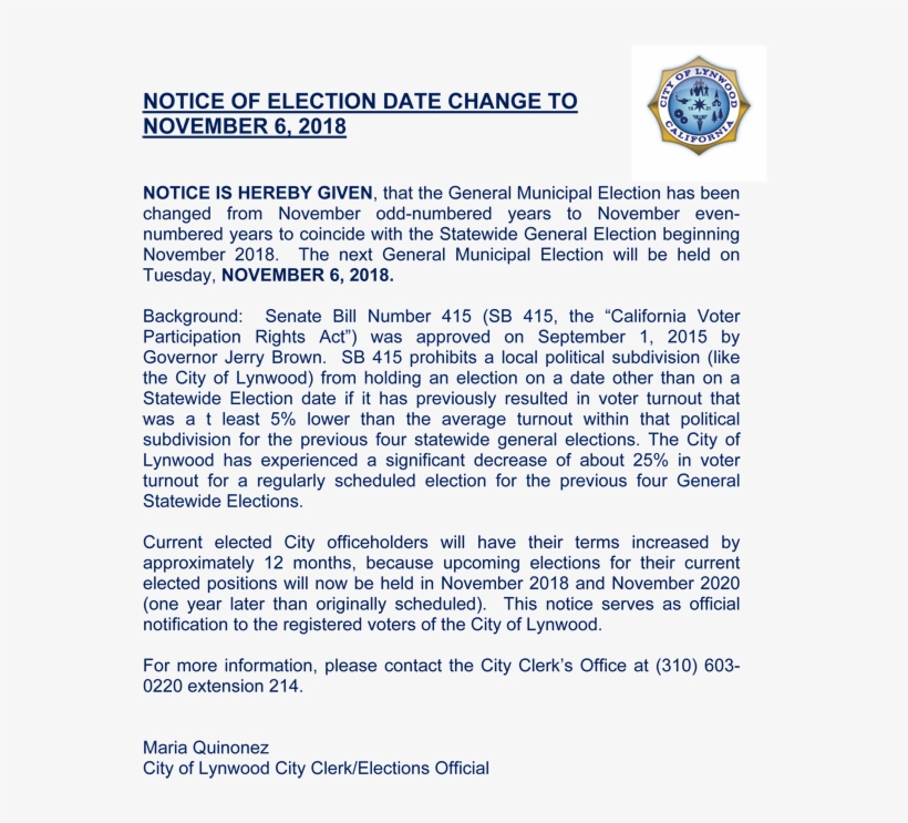 Notice Of Election Date Change - City Of Lynwood, transparent png download