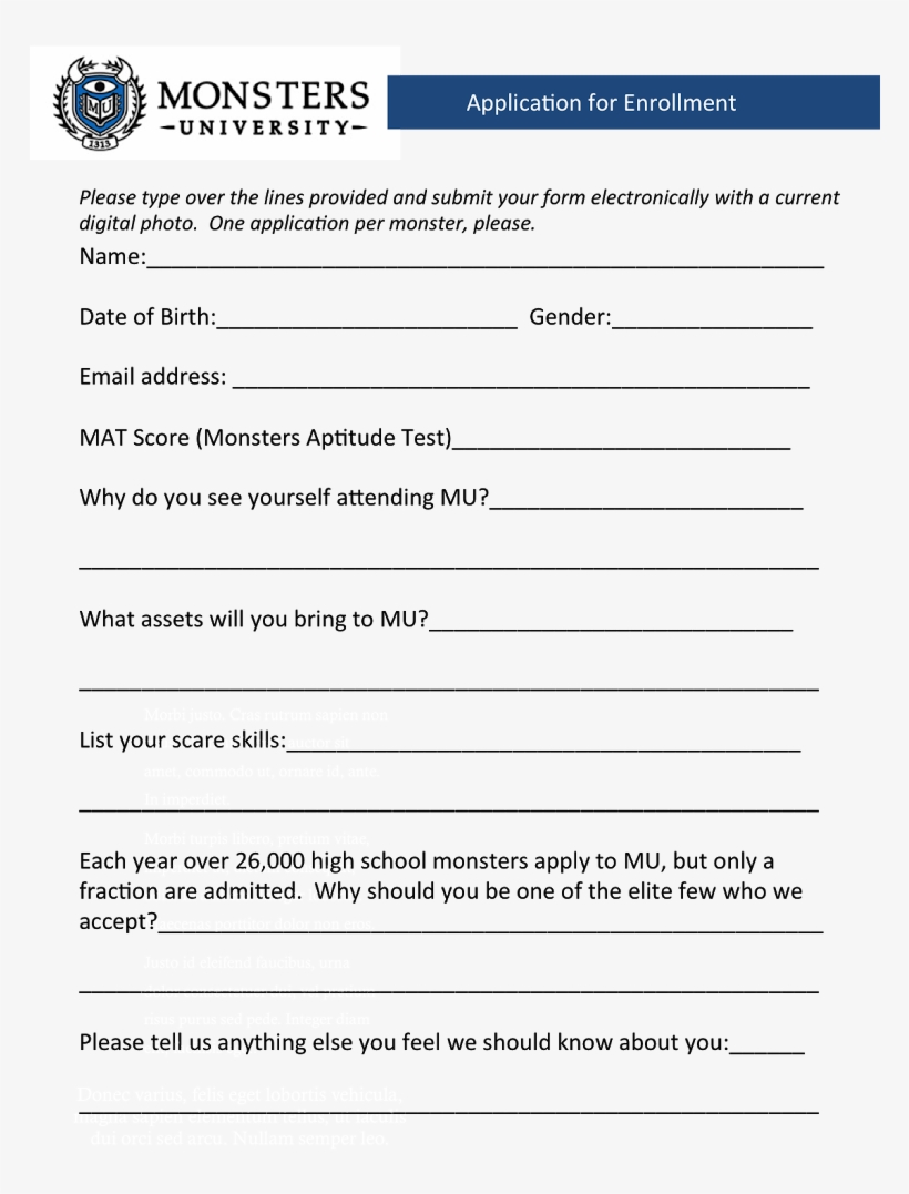 Each “monster” Was To Fill Out An Application And Submit - Monsters University College Application, transparent png download