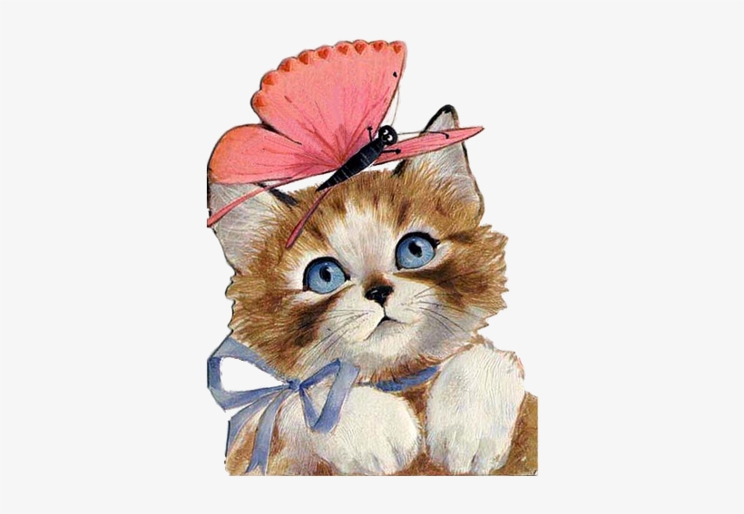 Kitten And Butterfly 382×500 Pixels - Cute Vintage Cat Kitten Butterfly Glass Tile Pendant, transparent png download