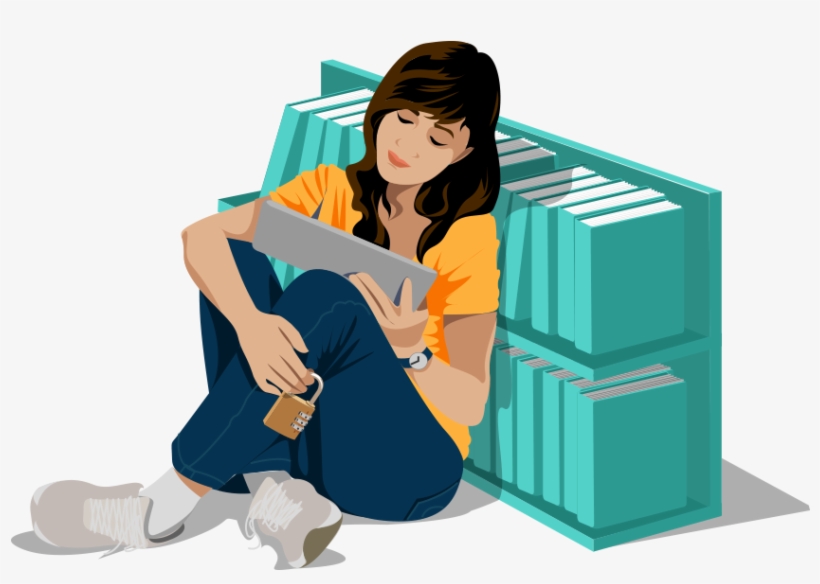 Woman In Library Reading At A Tablet With Lock In Her - Mobile App, transparent png download