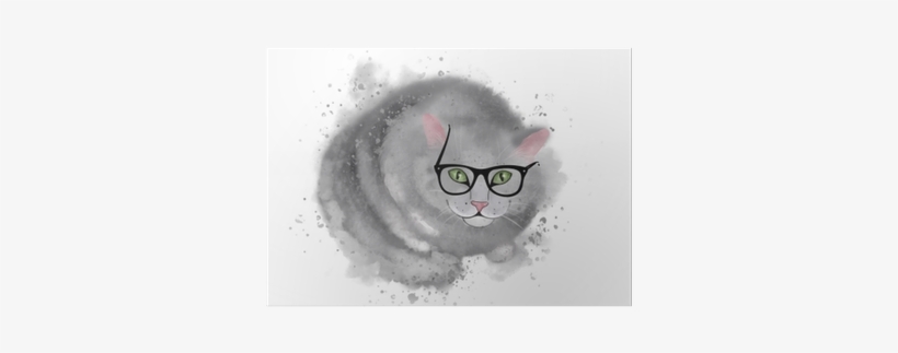 Grey Cute Cat In Glasses Sitting And Smiling At You - Watercolor Painting, transparent png download