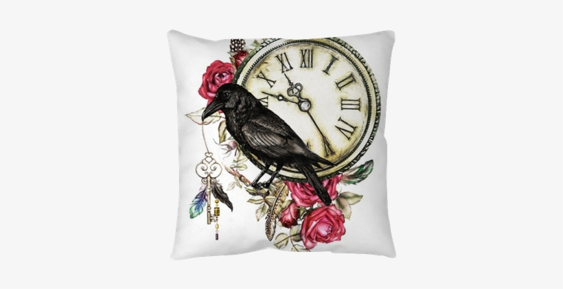 Watercolor Illustration With Crow, Red Roses, Clock, - Gothic Crow And Key Tattoo, transparent png download
