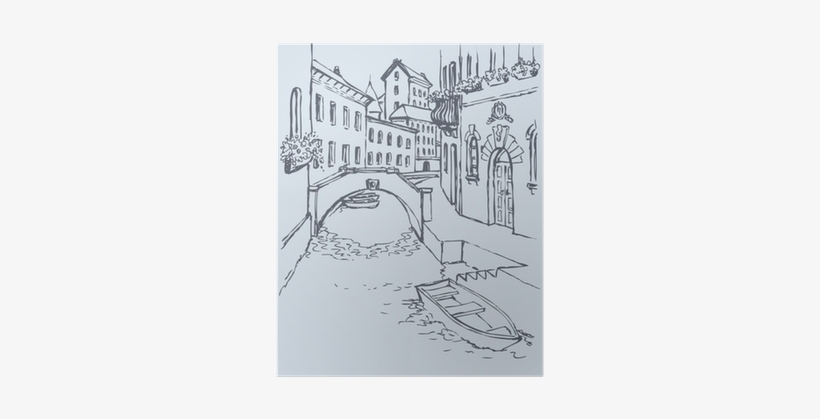 Canal Narrow Venetian Street With Bridge And Gon Poster - Canal Drawing, transparent png download