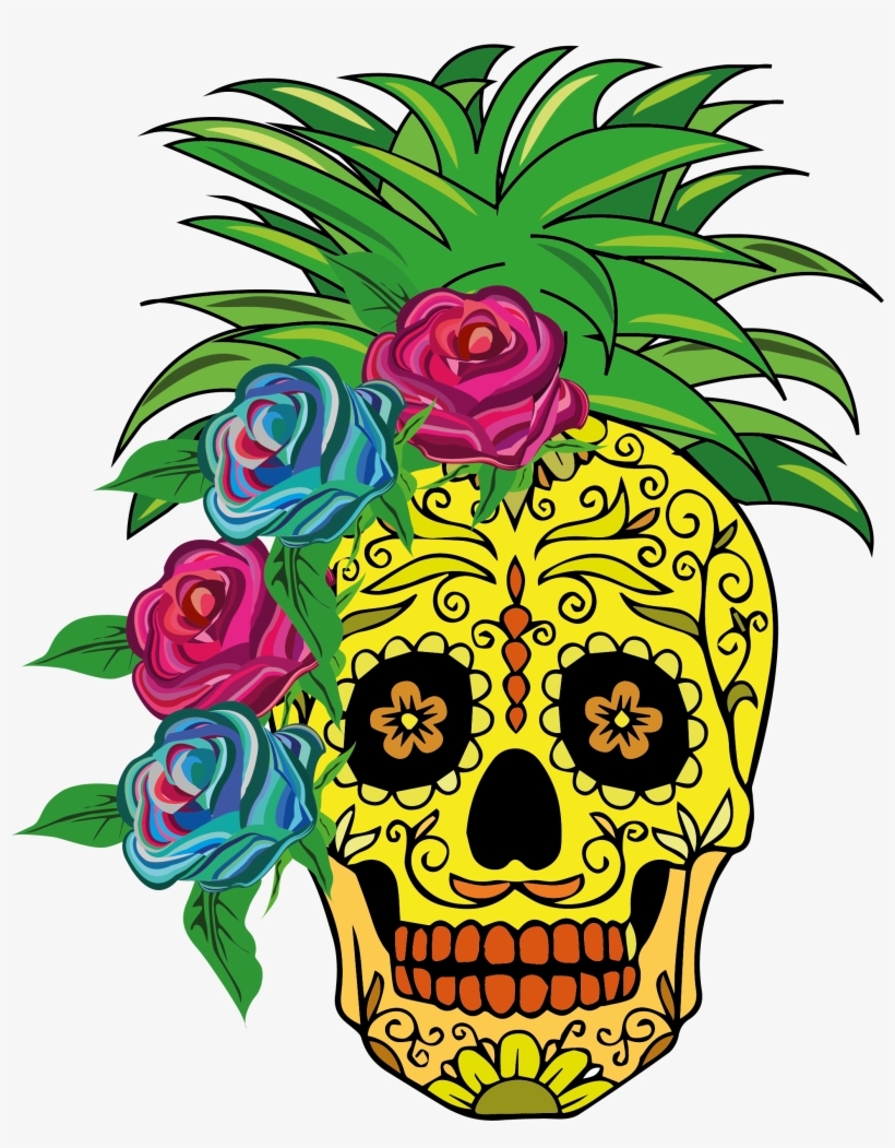 Piña Loca - - Wall Tapestry Wall Art Skull Flower Print Bedroom Tapestry, transparent png download