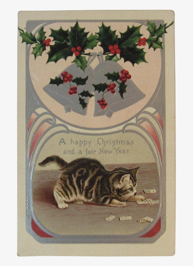 1909 Helena Maguire Christmas Cat Playing Dominoes - Christmas Bells And Holly, transparent png download