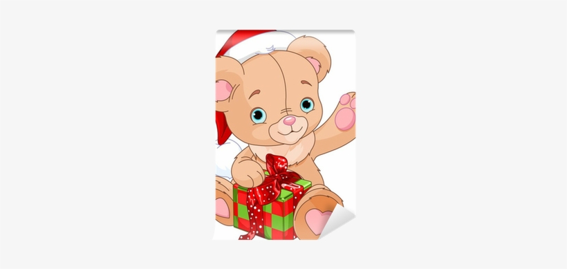 Christmas Teddy Bear Holding Gift Wall Mural • Pixers® - Christmas Day, transparent png download