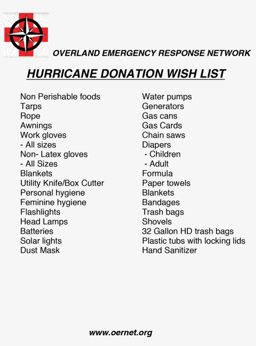Oernet Hurricane Donation List - Document, transparent png download