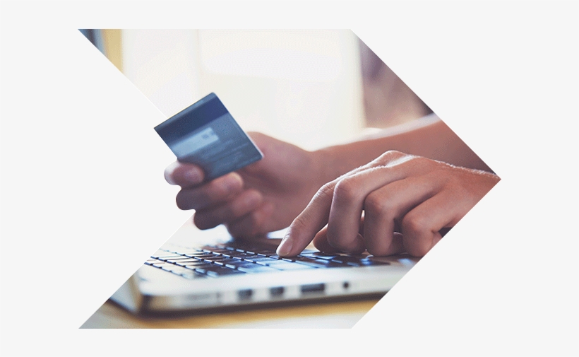 Person Using Computer While Holding Credit Card - Convergent Charging Software And Services Market, transparent png download