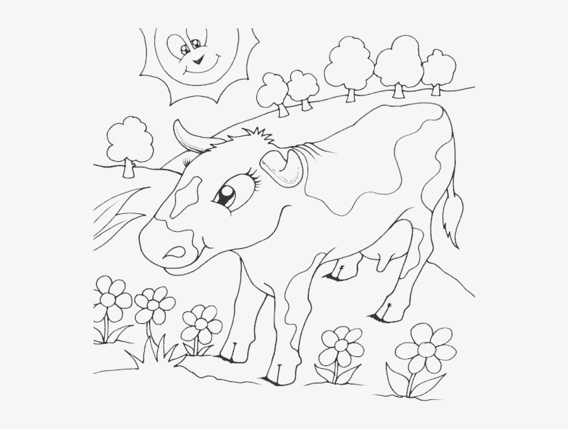 Cow In Field Of Flowers - Colouring, transparent png download