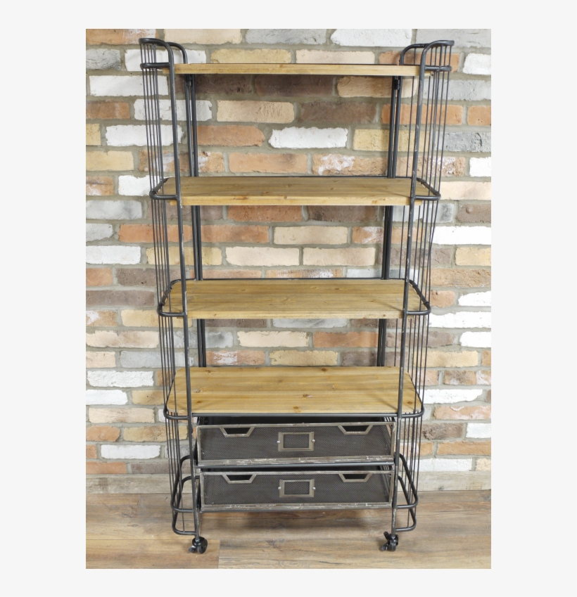 A Metal Frame Four Wooden Shelf & Two Metal Drawer - Shelf, transparent png download