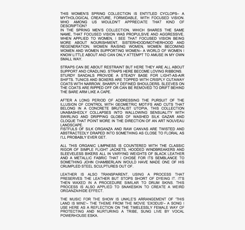 Rick Owens Women's Ss 16 Cyclops Press Release - Document, transparent png download