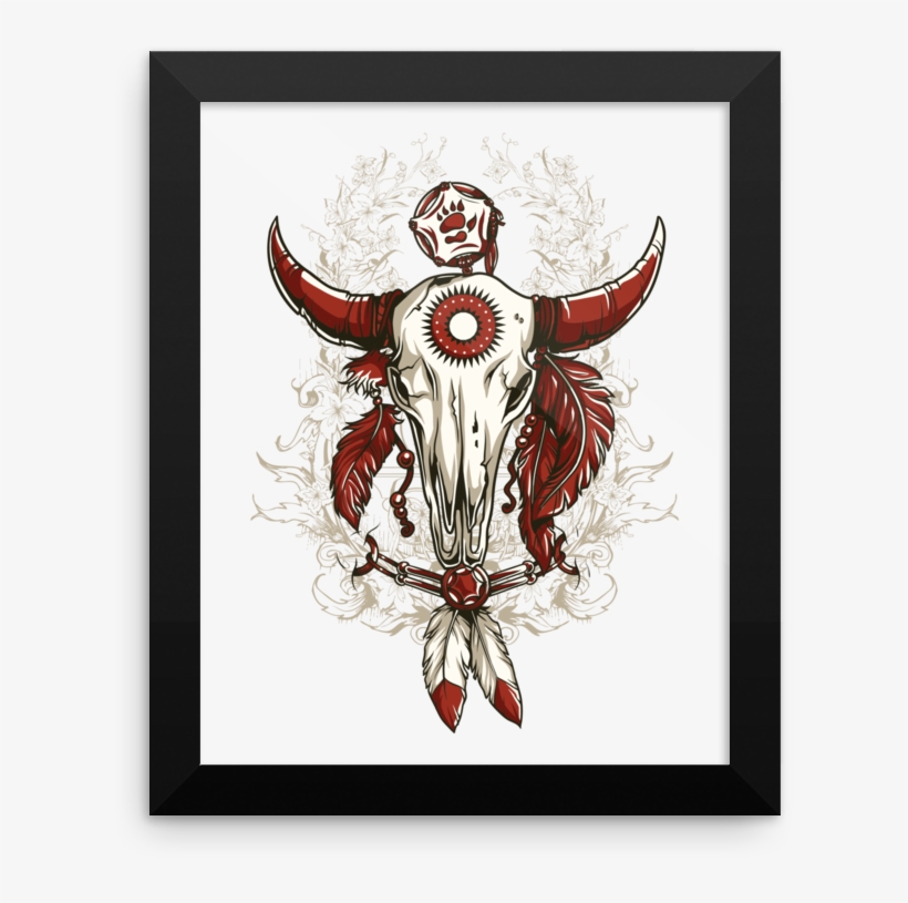 Bull Skull Framed Poster - Feathers Indian Horns Red Honor Tradition Bulls Skull, transparent png download