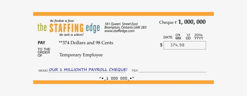 The Staffing Edge 1 Millionth Payroll Cheque - Cheque, transparent png download