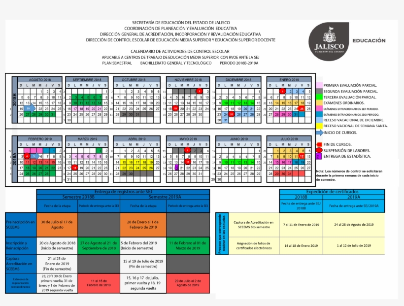 Calendario Bachillerato General Y Tecnológico Sej 2018-2019 - Bachillerato Intensivo Semiescolarizado Calendario, transparent png download