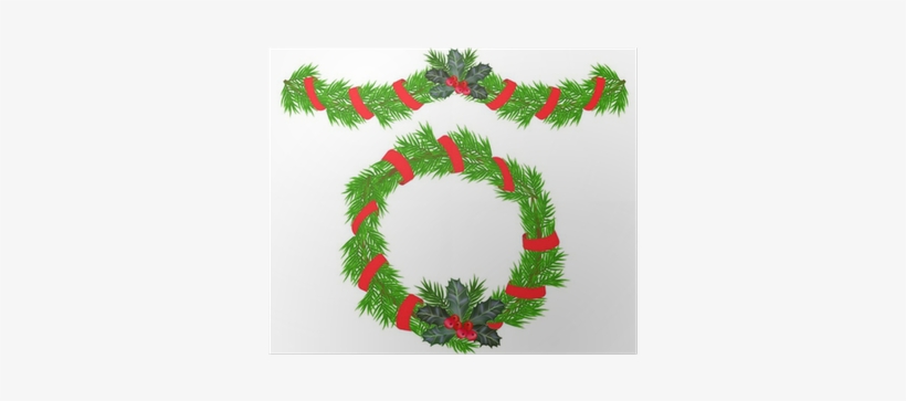 Christmas Garland And A Wreath With Holly Berries Poster - Ghirlanda Di Natale Vettorial, transparent png download