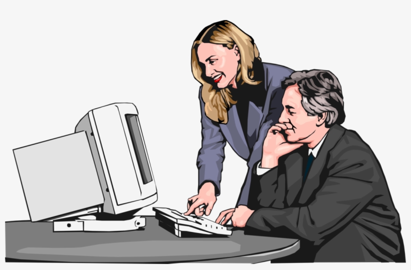 Vector Illustration Of Businessman And Woman At Computer - Clip Art, transparent png download