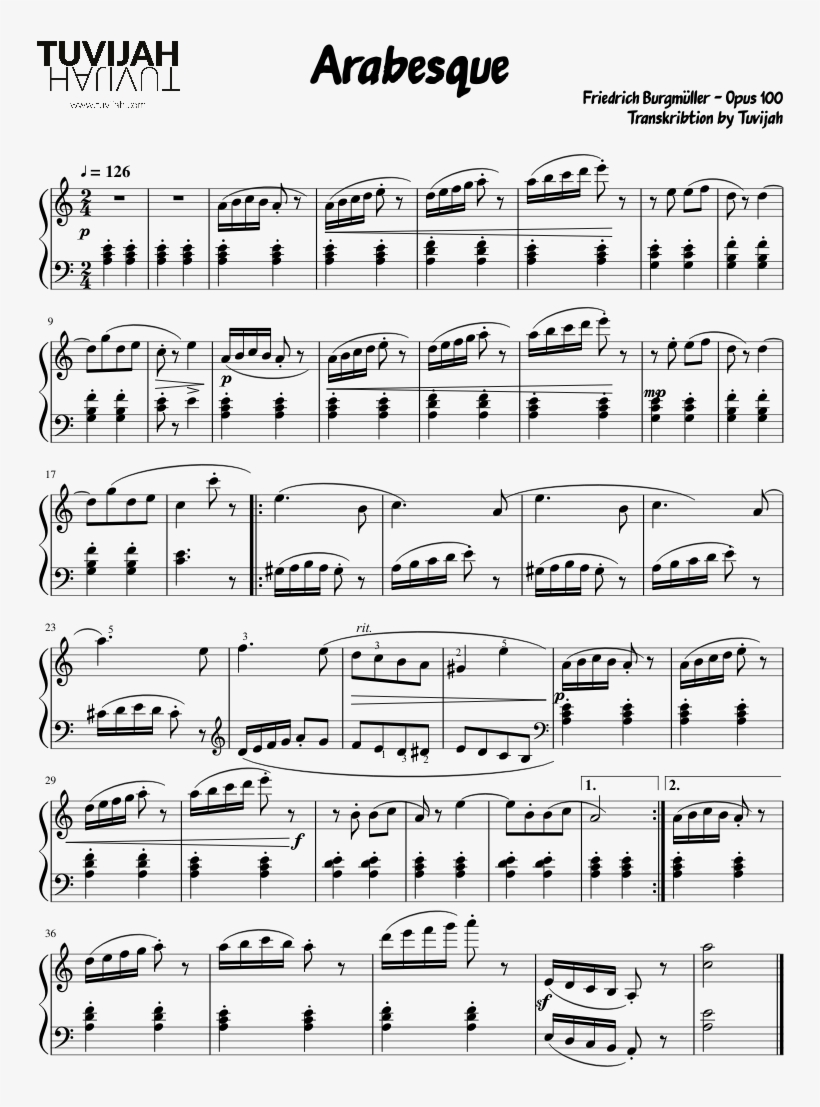 Arabesque Sheet Music Composed By Friedrich Burgmüller - Sheet Music, transparent png download