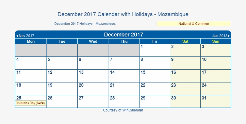 December 2017 Calendar With Mozambique Holidays - December 2017 Calendar South Africa, transparent png download