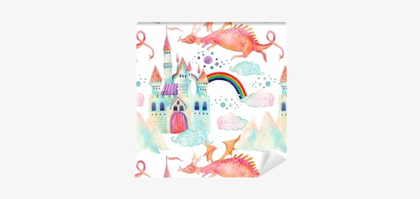 Watercolor Fairy Tale Seamless Pattern With Cute Dragon, - Cute Dragon And Castle, transparent png download