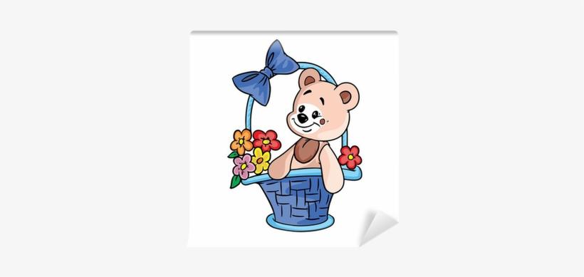 Teddy Bear With Flowers In Gift Basket Wall Mural • - Gift Basket, transparent png download