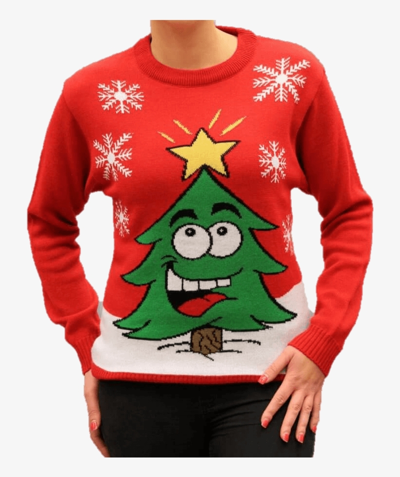 Jersey Navideño Mujer Árbol De Navidad Sonriente Rojo - Sweter Z Choinka, transparent png download