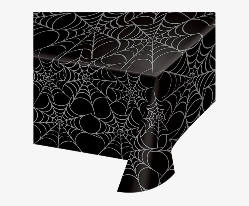 Black Plastic Halloween Table Cloth With Silver Spider - Metallic Spiderweb Plastic Tablecover, transparent png download